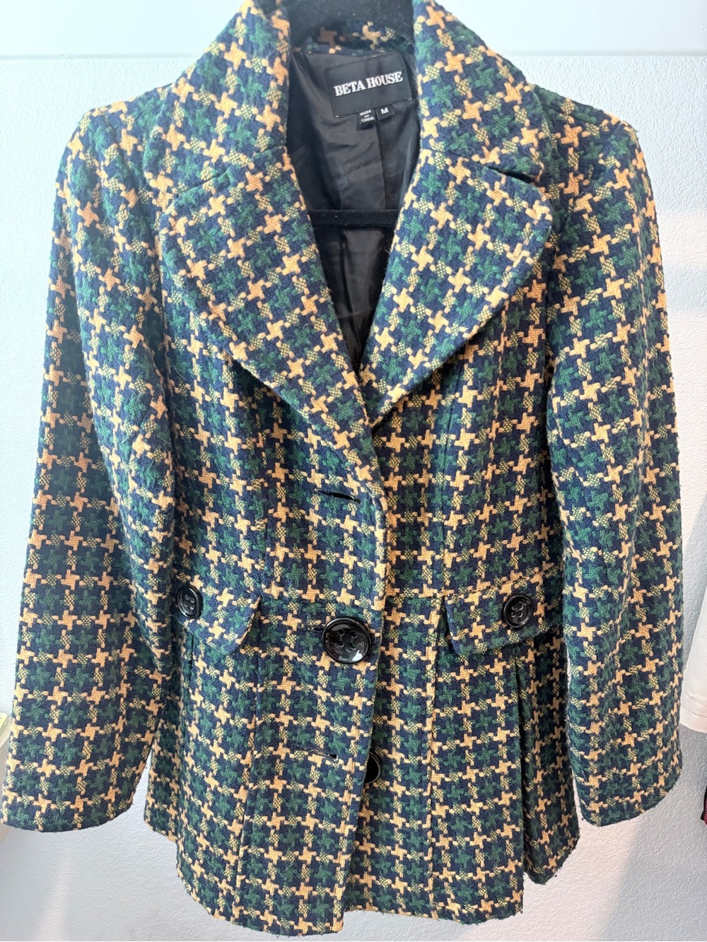 Green & Tan Houndstooth Wool-Blend Blazer
